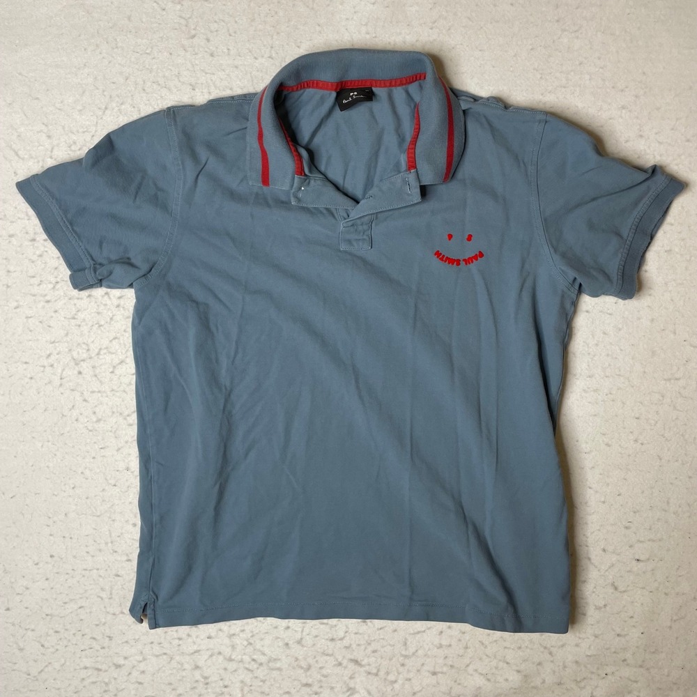 PS Paul Smith Mens XL Blue Polo Shirt Happy Smiley Logo‎ Red Trim Short Sleeve